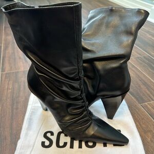 SCHUTZ Black Pointed-Toe Mid-Calf Slouch Boots